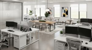 Imagem de um escritório moderno, bem iluminado, com várias mesas de trabalho, cadeiras ergonômicas, computadores e decoração minimalista, ideal para ambientes corporativos.